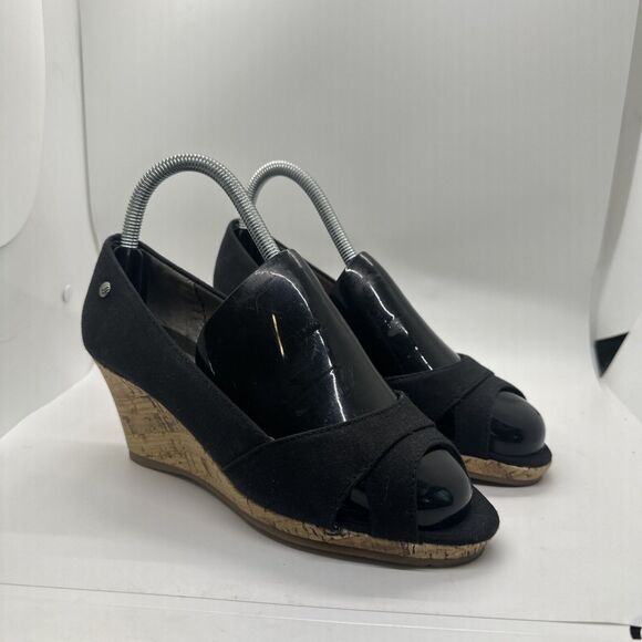 Life Stride Heels Womens 7 W Rogue Peep Toe Pumps Black Fabric Cork Wedge - Picture 1 of 14
